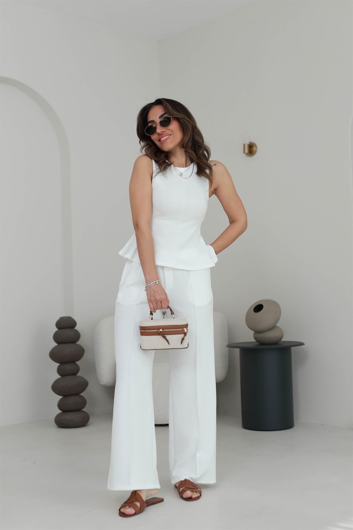 7169 Sıfır Kol Örme Bluz Pantolon Takım EKRU