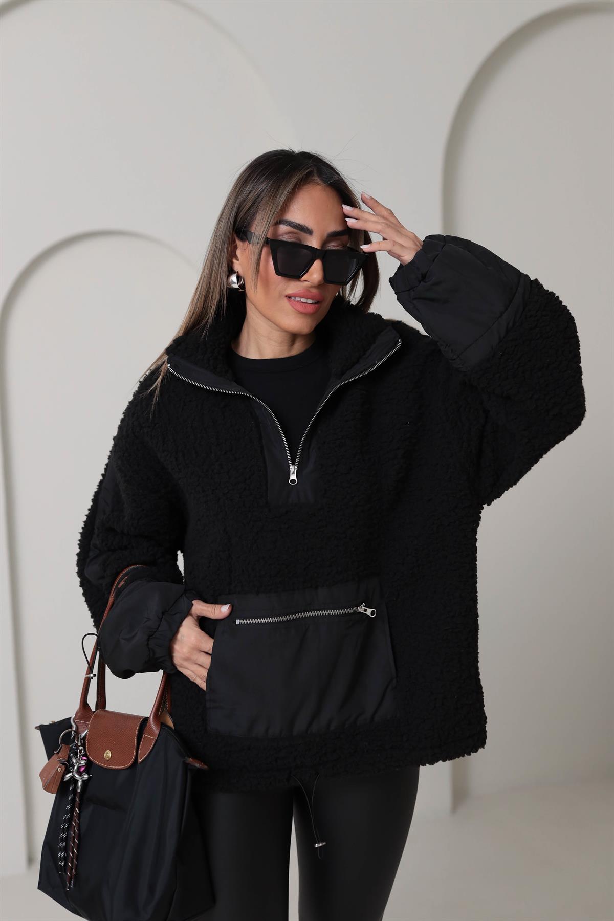 Yarım Fermuarlı Paraşüt Kumaş Detaylı Sweatshirt SİYAH