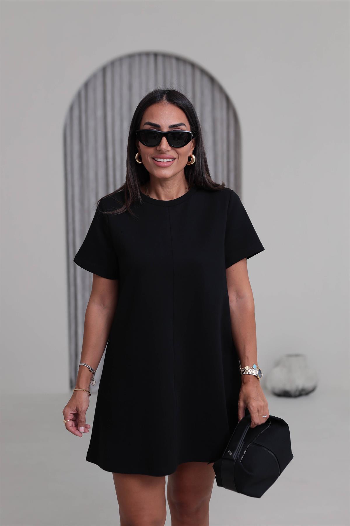 1523 Ön Dikiş Detaylı Penye Elbise SİYAH