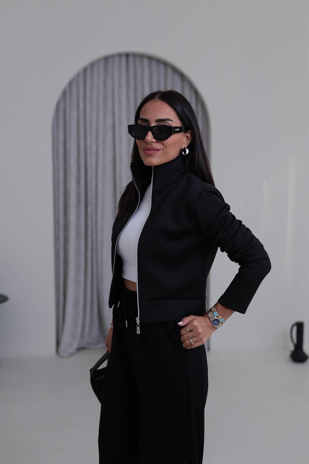 7013K Fermuarlı Scuba Kısa Ceket SİYAH