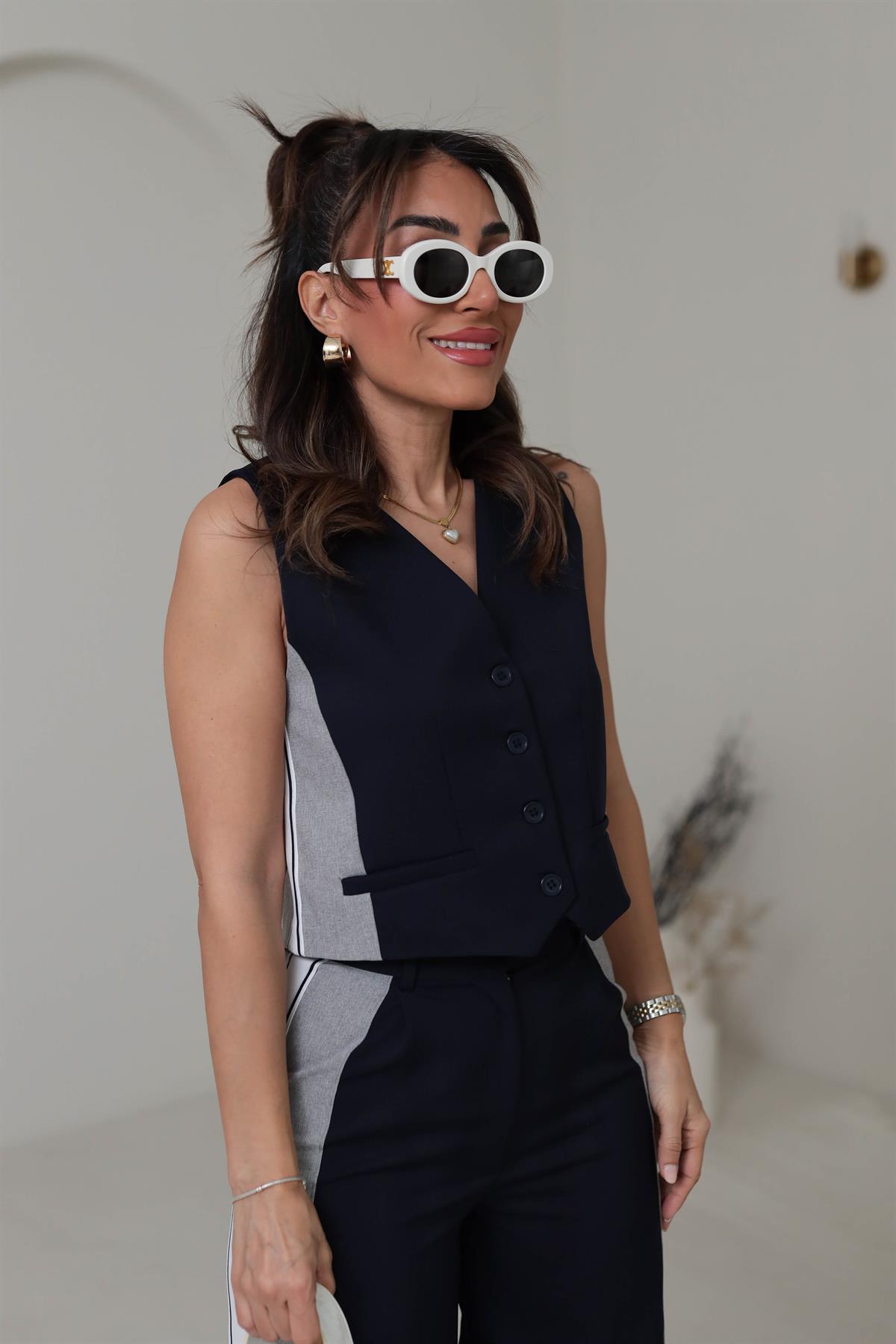 1998 Şeritli Garnili Yelek LACİVERT