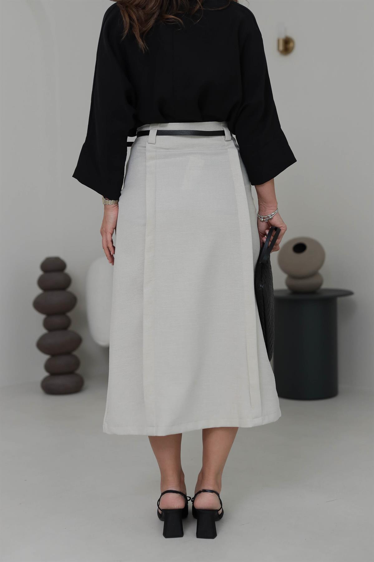 0268 Yırtmaç Detaylı Kemerli Midi Boy Etek TAŞ