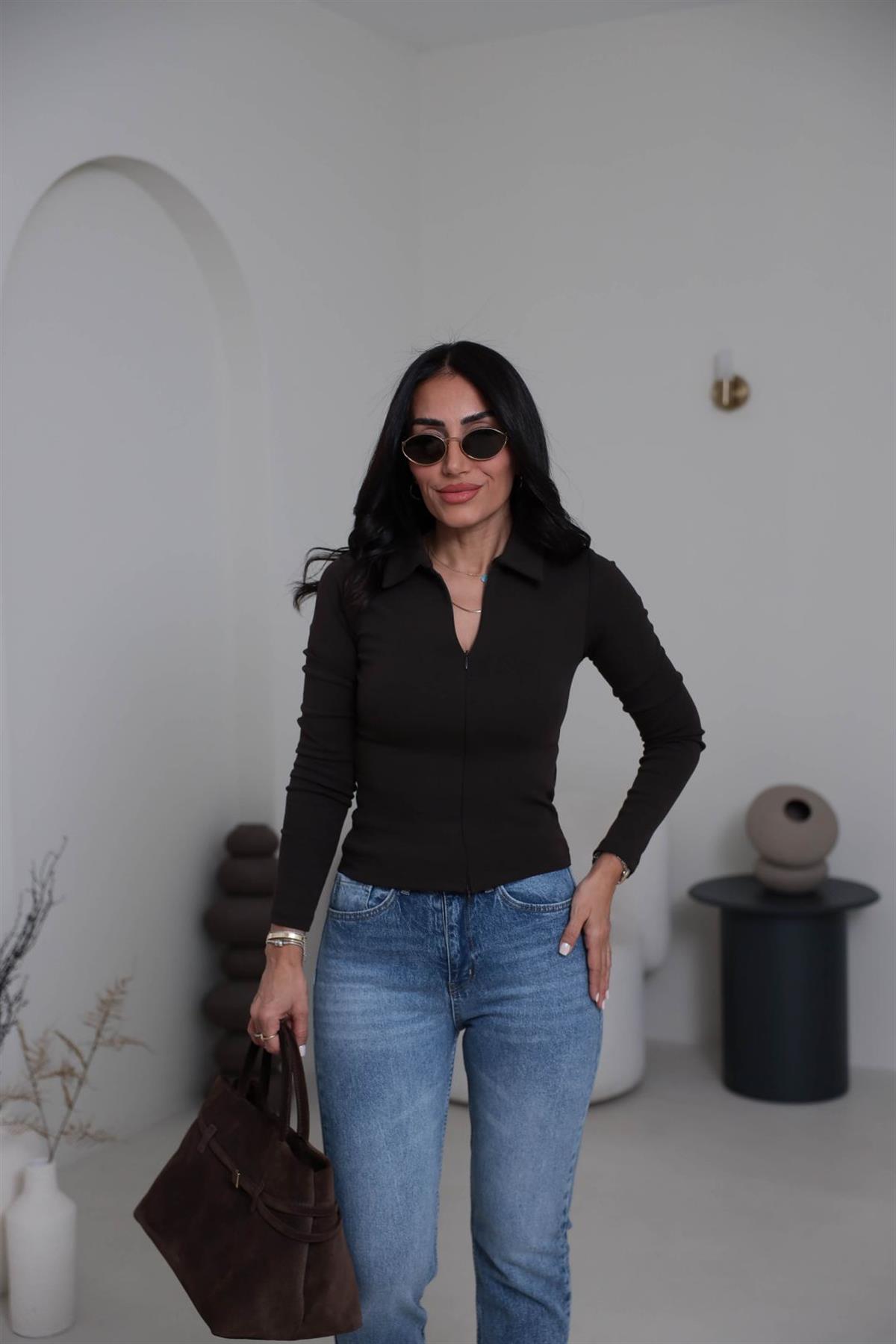 7246 Fermuar Detaylı Polo Yaka Bluz ACI KAHVE