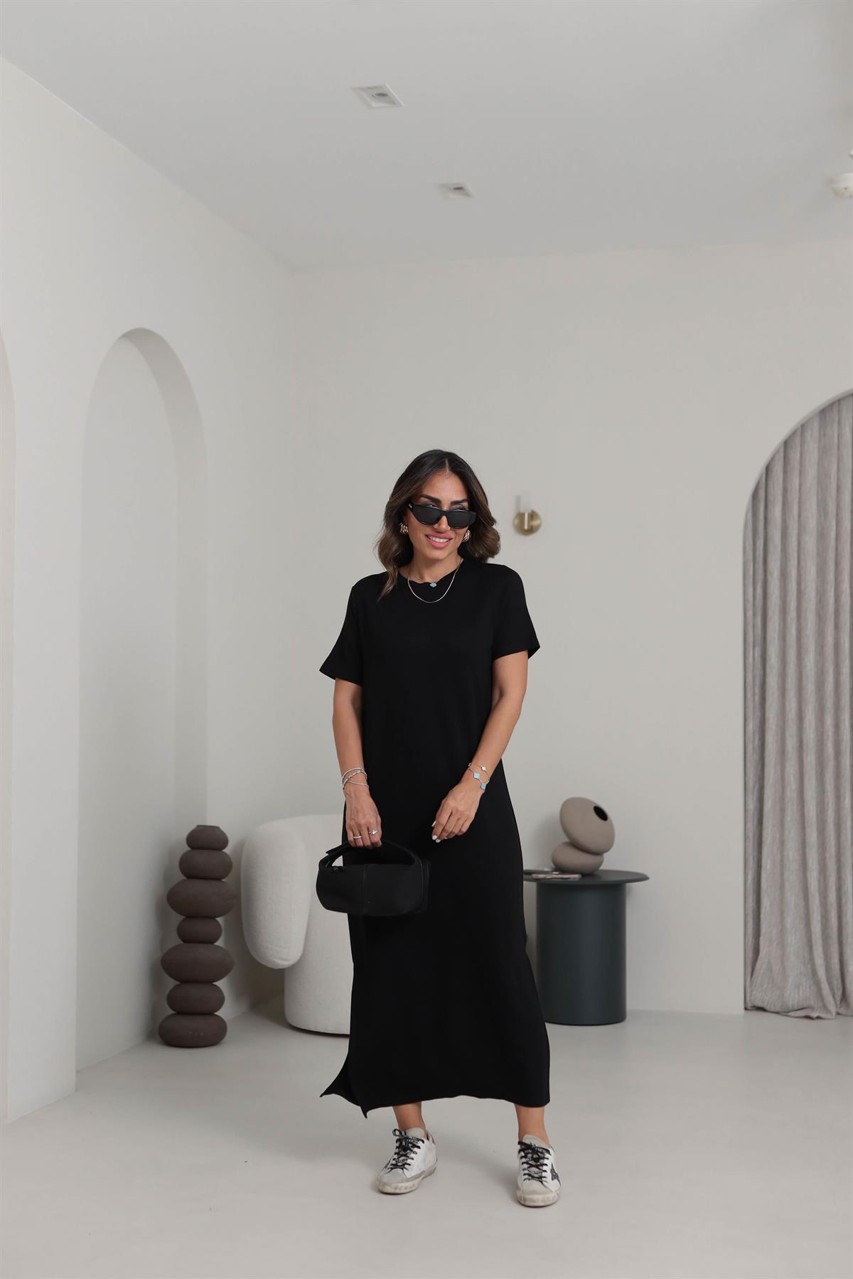 116 Bisiklet Yaka Kısa Kol Yırtmaçlı Modal Elbise SİYAH