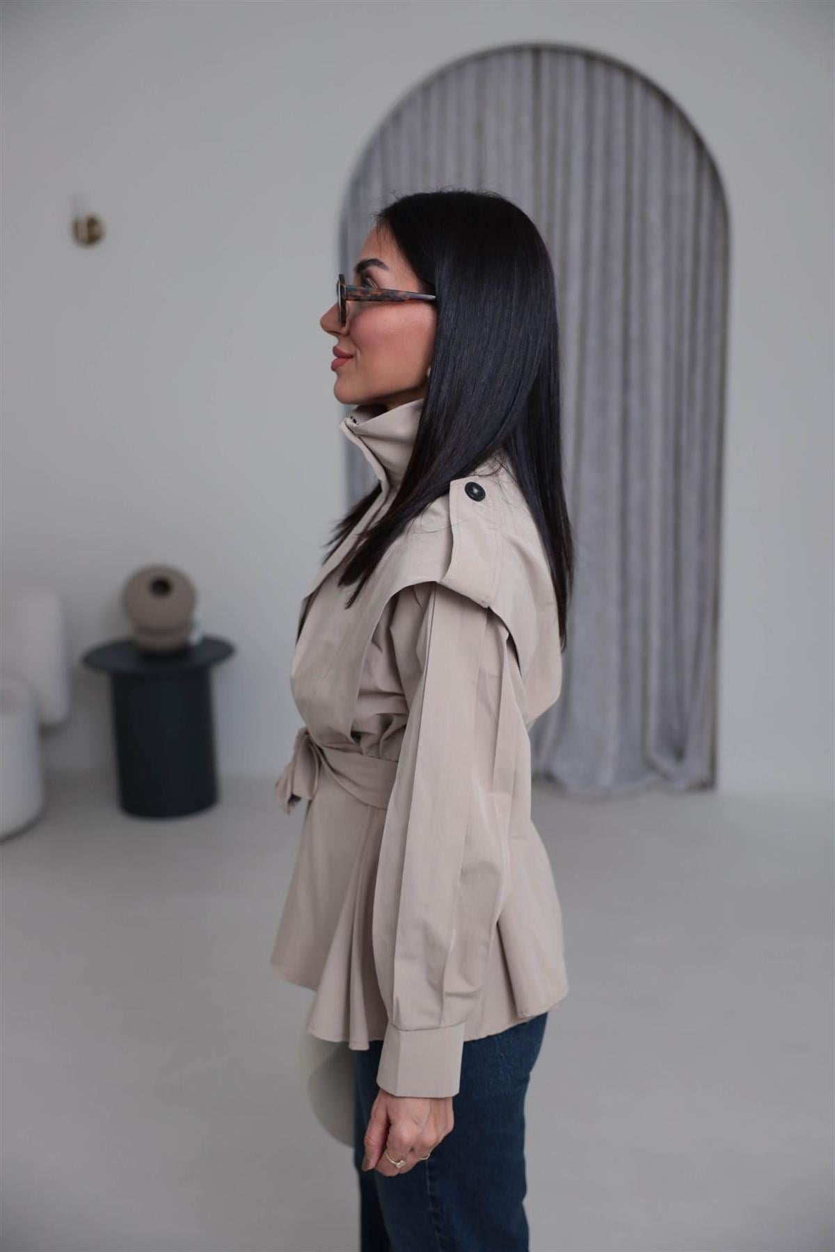 7623 Dik Yaka Geniş Omuz Kuşaklı Trençkot HAKİ YEŞİL