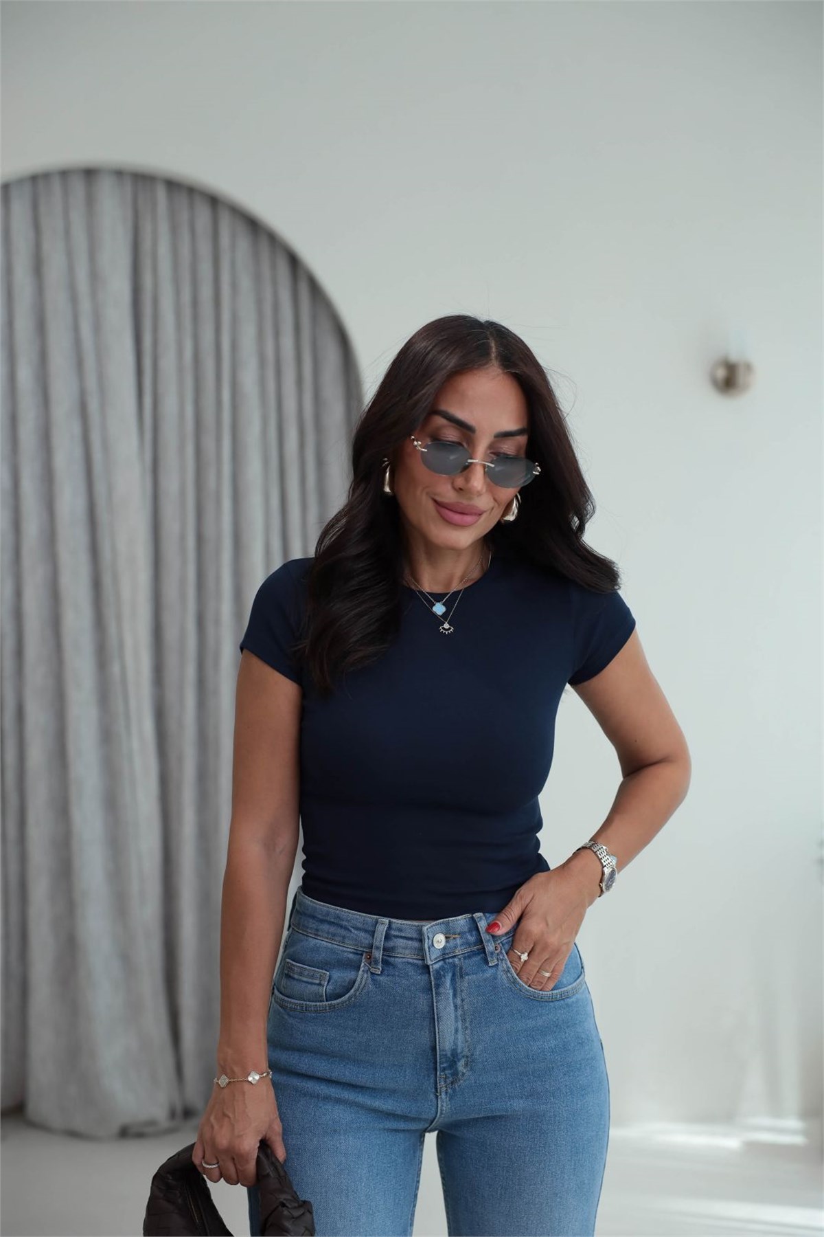 4173 Bisiklet Yaka Pamuklu Crop LACİVERT