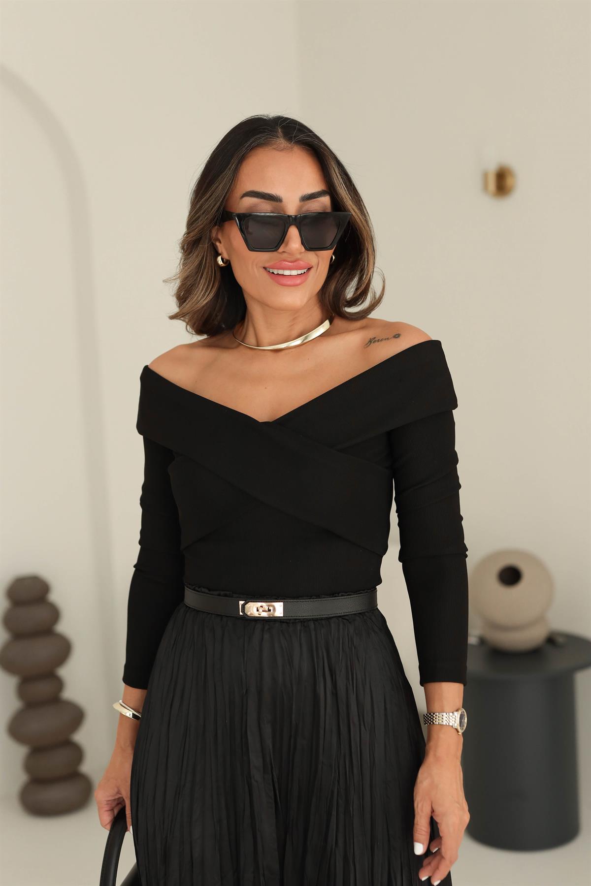 9184 Ottoman Kumaş Çapraz Detay Bluz SİYAH