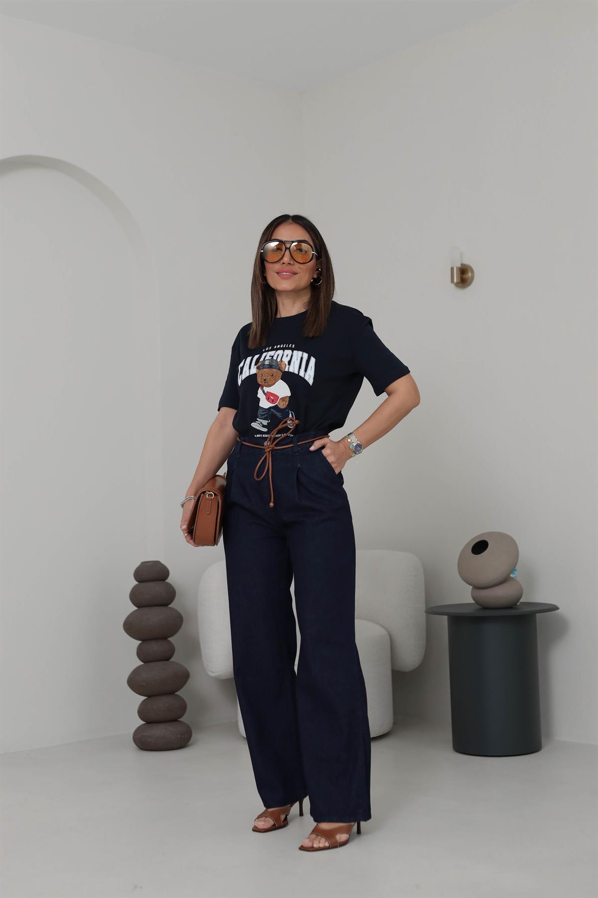 3516 Deri Kemerli Pensli Paça Palazzo Jean Pantolon KOYU LACİ