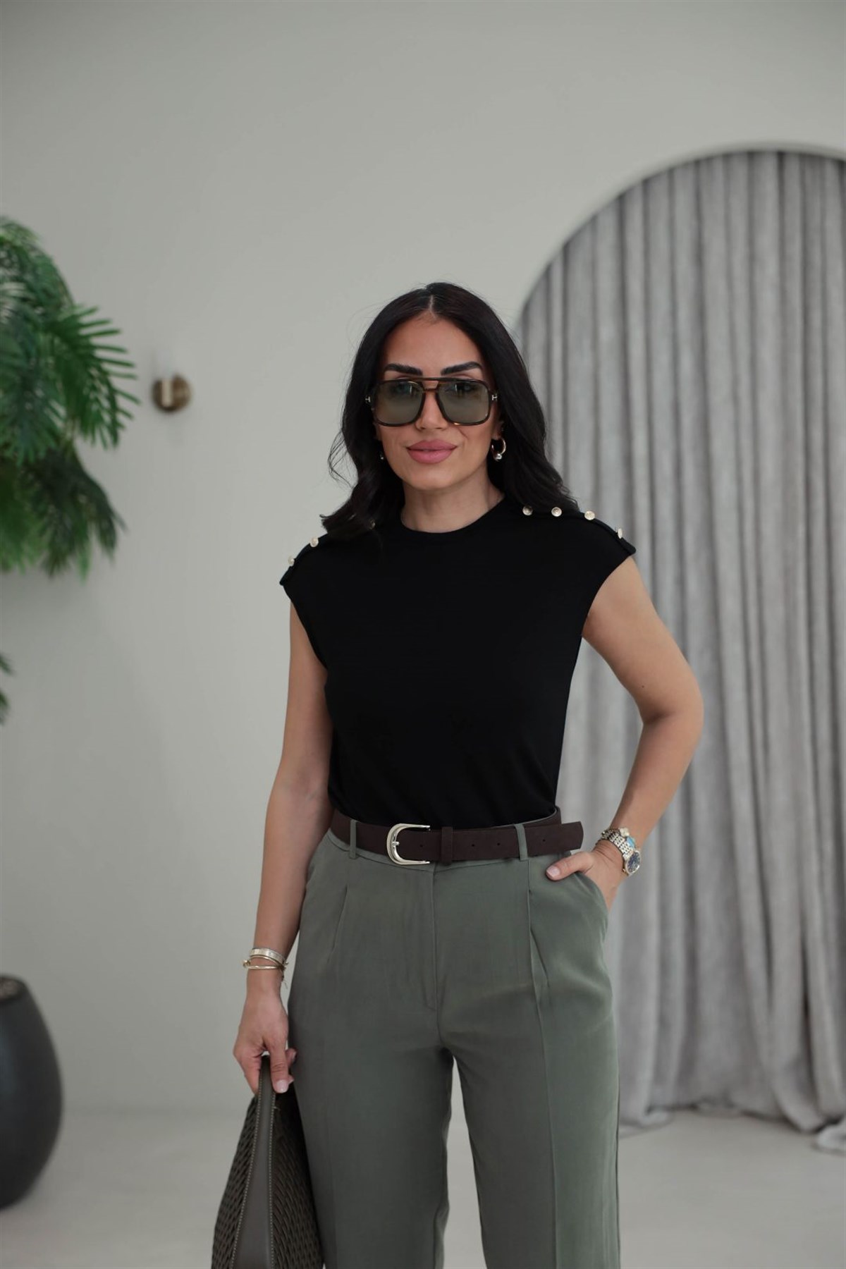 8483 Omuz Düğmeli Modal Massi Bluz SİYAH