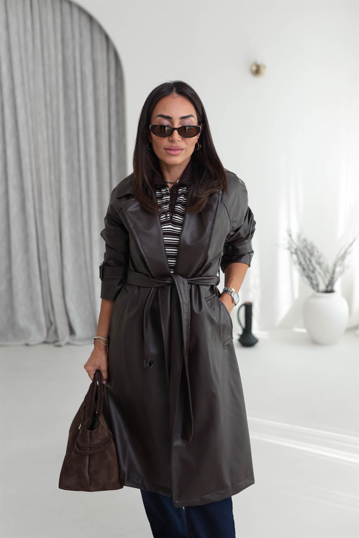 2035 Kemerli Deri Trençkot ACI KAHVE