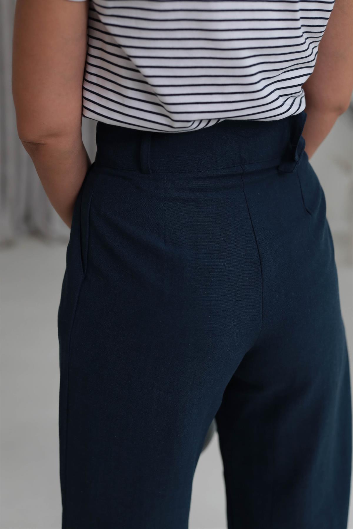 0236 Kemer Aksesuarlı Premium Keten Pantolon LACİVERT