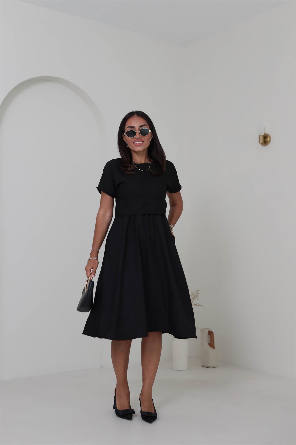 3760 Bluz Detaylı Bel Büzgülü Elbise SİYAH