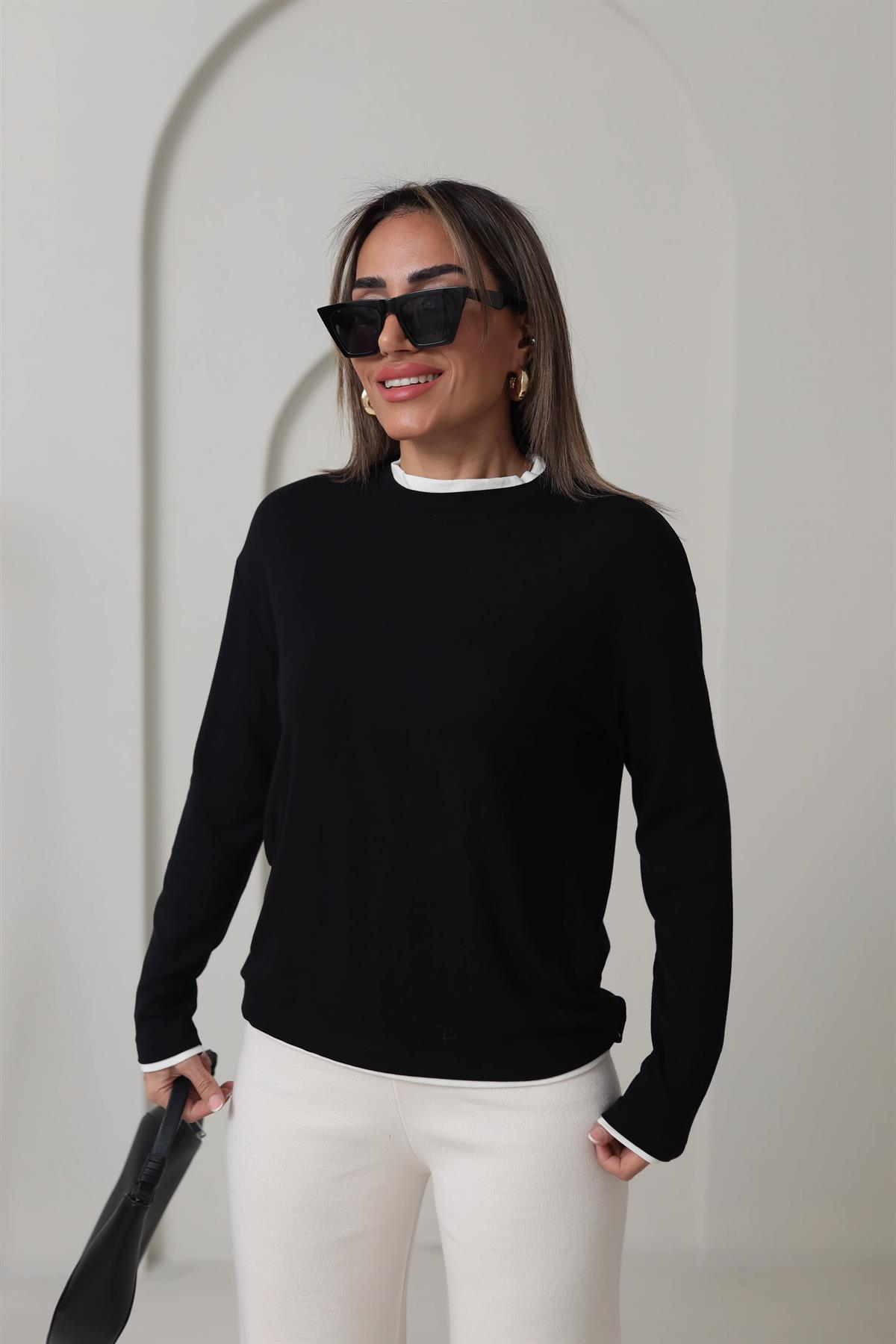 1145 Çift Yakalı Modal Bluz SİYAH