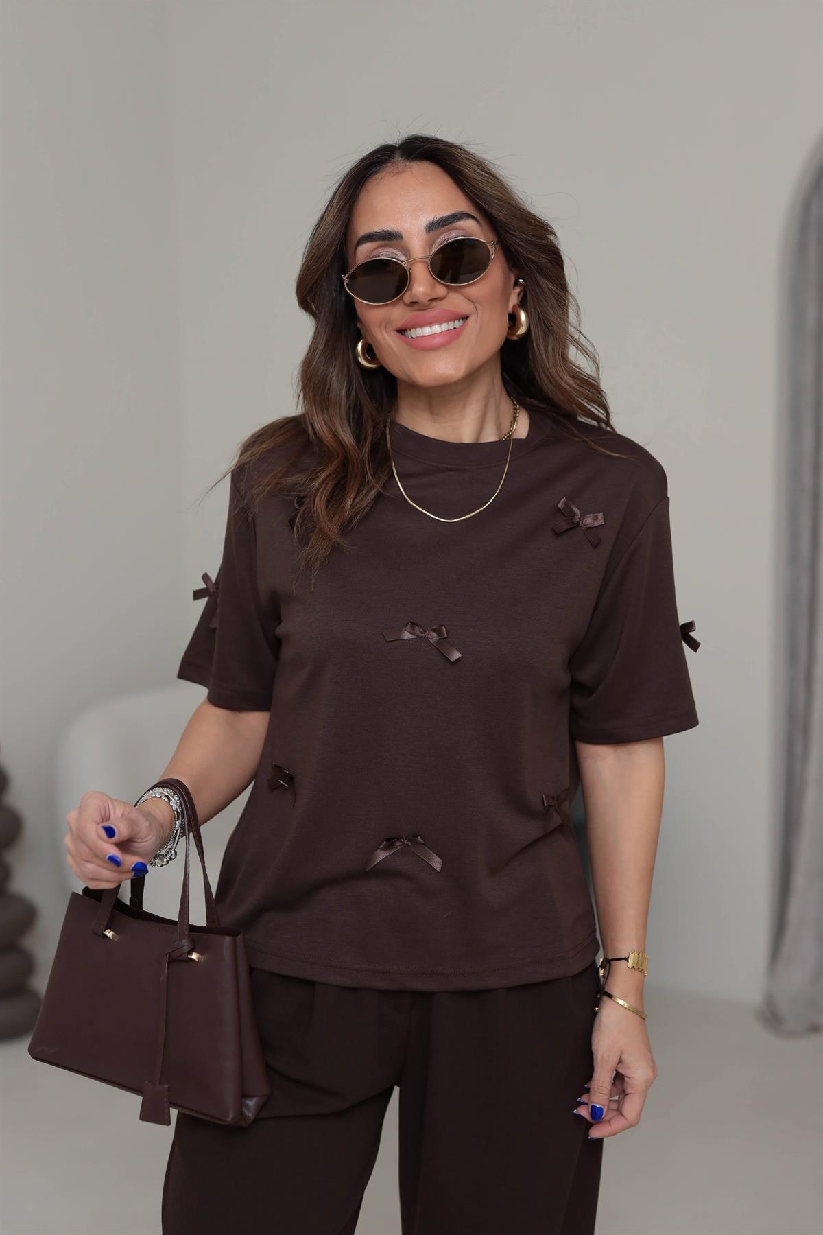 8110 Fiyonklu Pike Modal Tshirt KAHVE