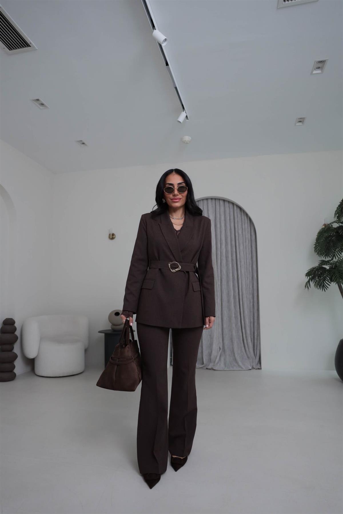 0310 Kemerli Ceketli Pantolon Takım KAHVE