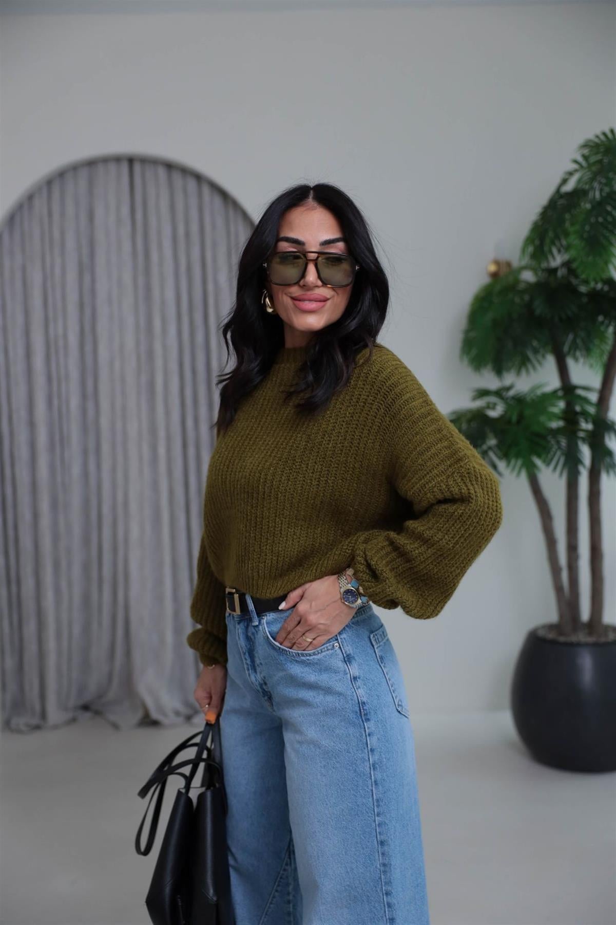 3579 Bisiklet Yaka Örme Oversize Kısa Kazak YAĞ YEŞİLİ