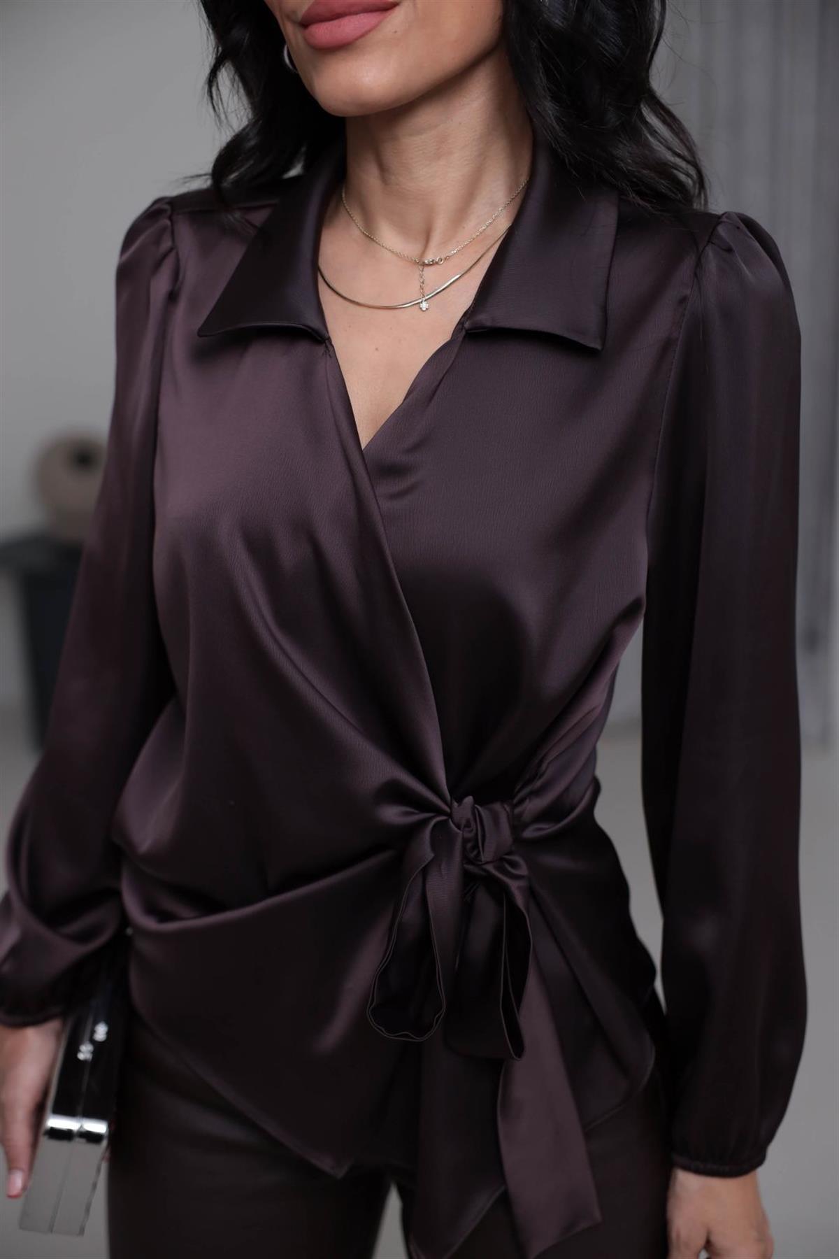 K0132 Kruvaze Yaka İpek Saten Gömlek Bluz KOYU KAHVE