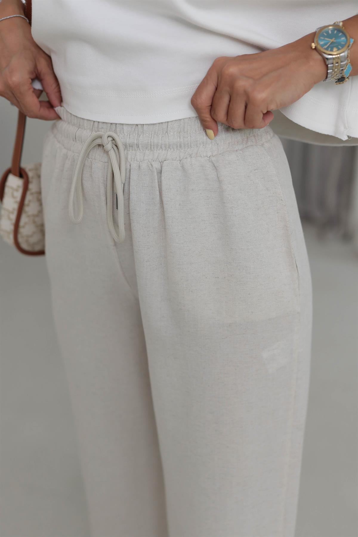 0298 Bel Lastikli Keten Rahat Pantolon NATURAL