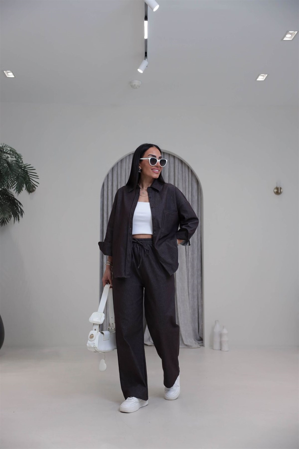 3012 Likralı Gömlekli Kot Takım KAHVE