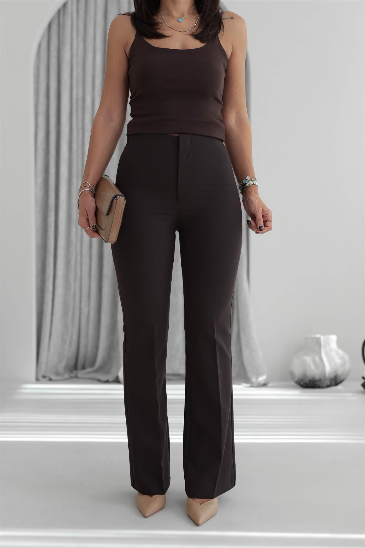 7049 İspanyol Paça Kumaş Pantolon KAHVE