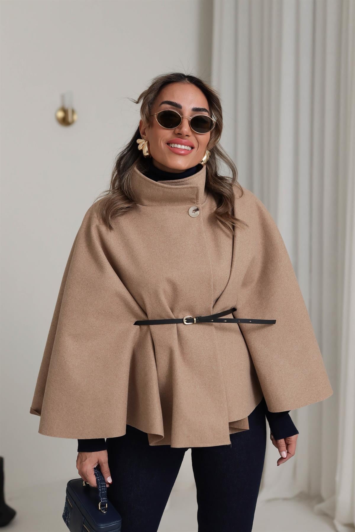 80167 Kemerli Dik Yaka Kaşe Panço CAMEL