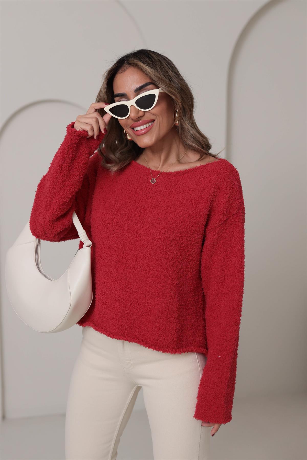 4535 Kayık Yaka Yumoş Kazak KIRMIZI