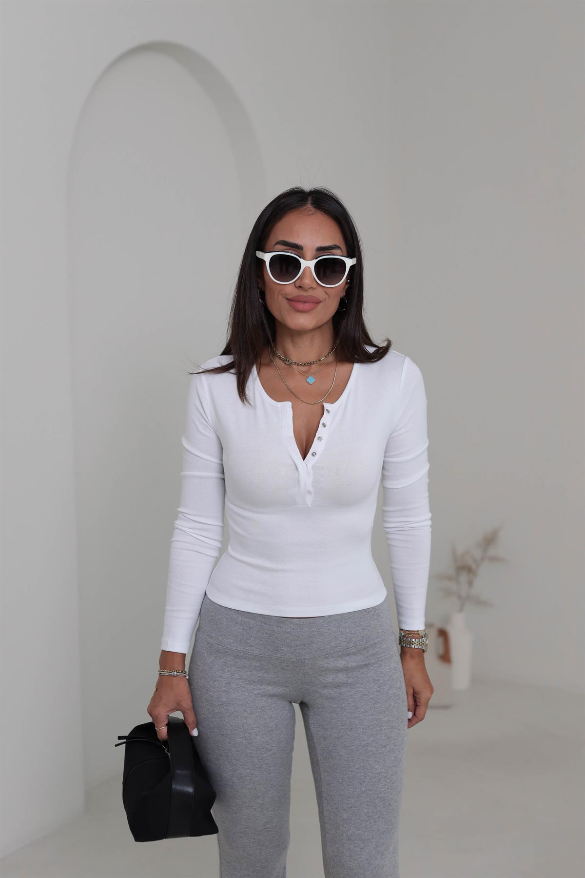 1442 Uzun Kollu Çıtçıt Düğmeli Bluz BEYAZ