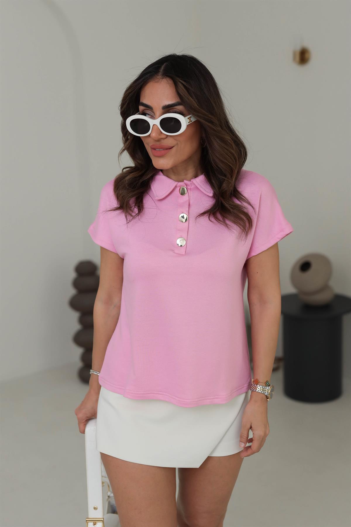Polo Yaka Gold Düğmeli Düşük Kol Bluz PEMBE