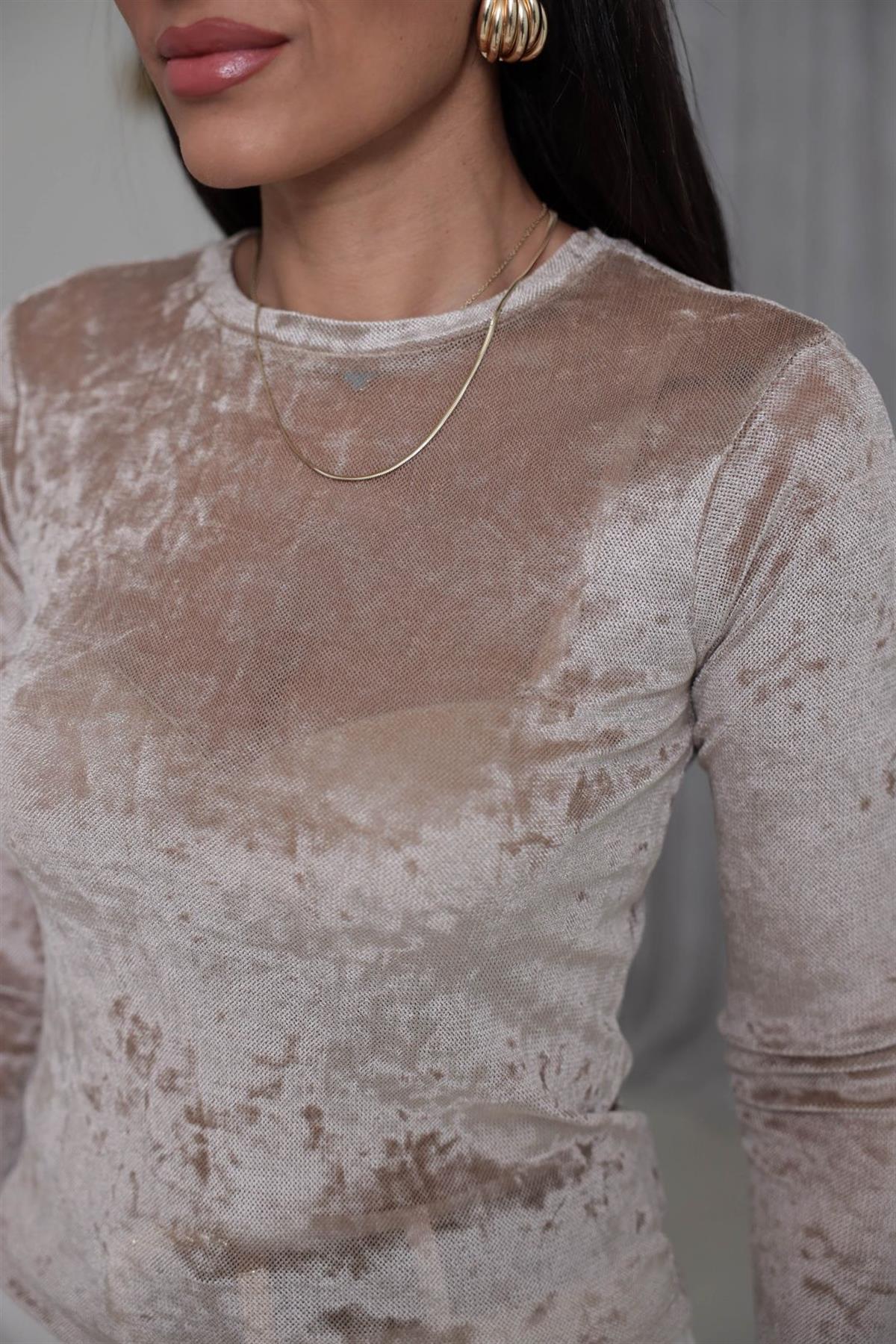 7120 Bisiklet Yaka Tül Kadife Bluz BEJ