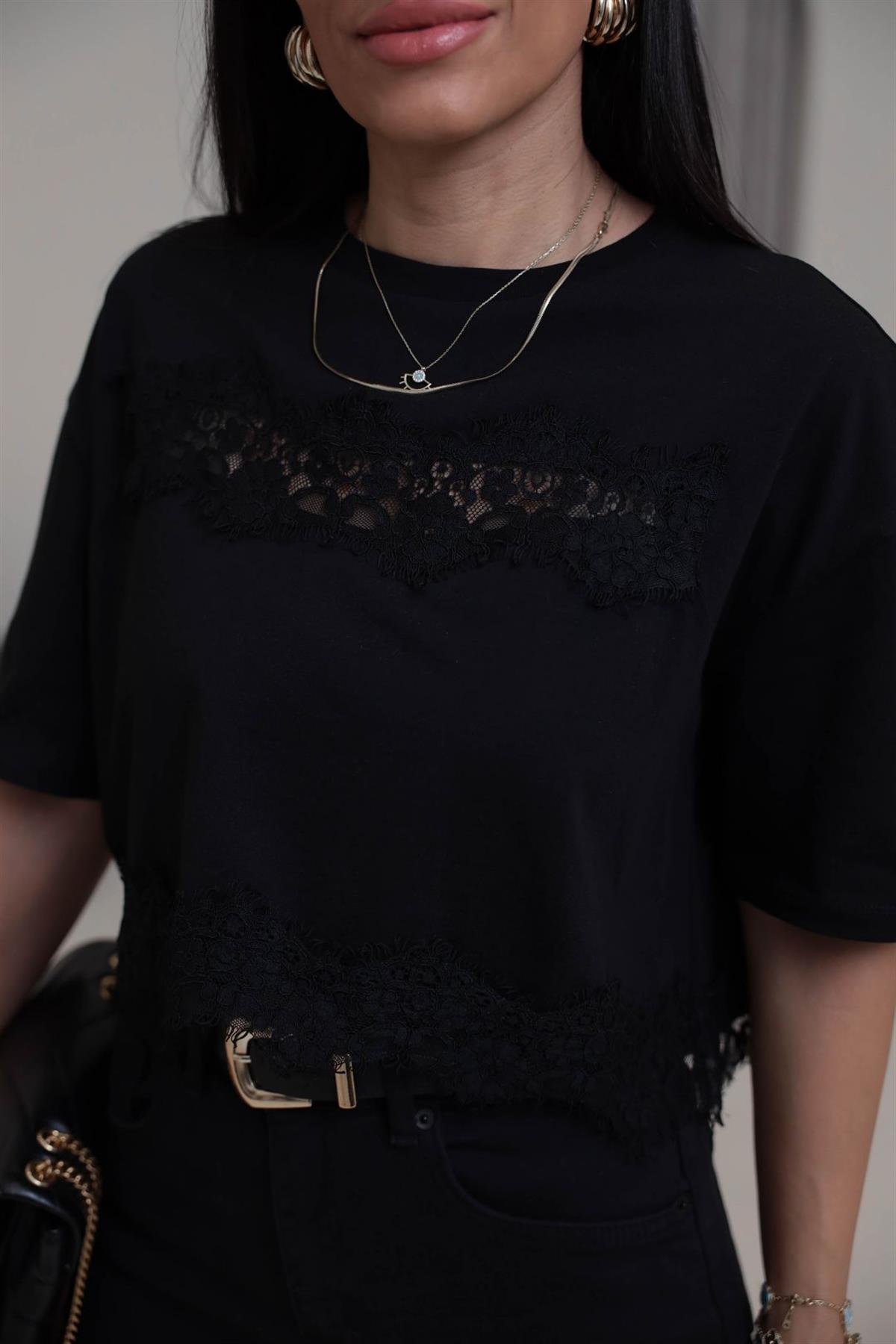 2252 Dantel Detaylı Pamuklu Kısa Tshirt SİYAH