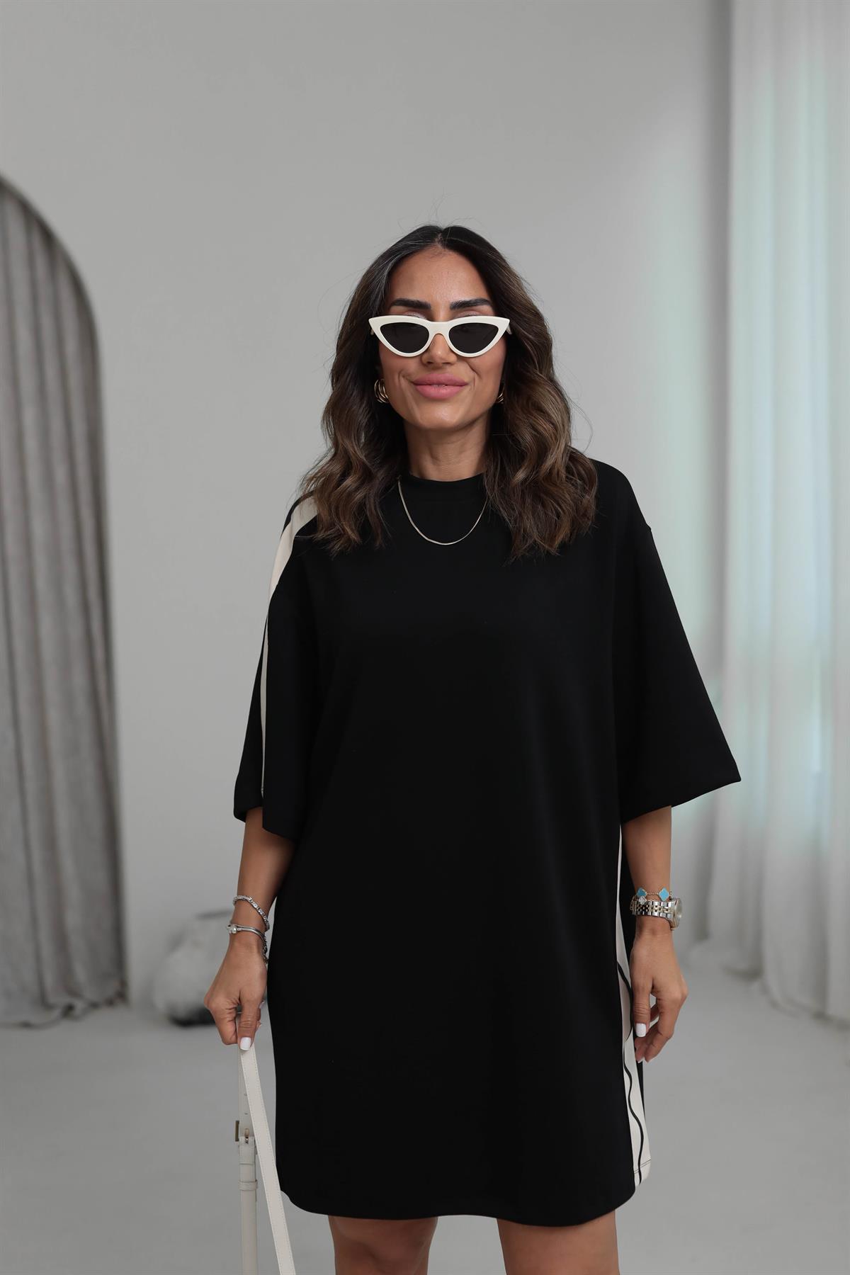 6354 Omuzları Garnili Modal Rahat Elbise SİYAH-BEJ