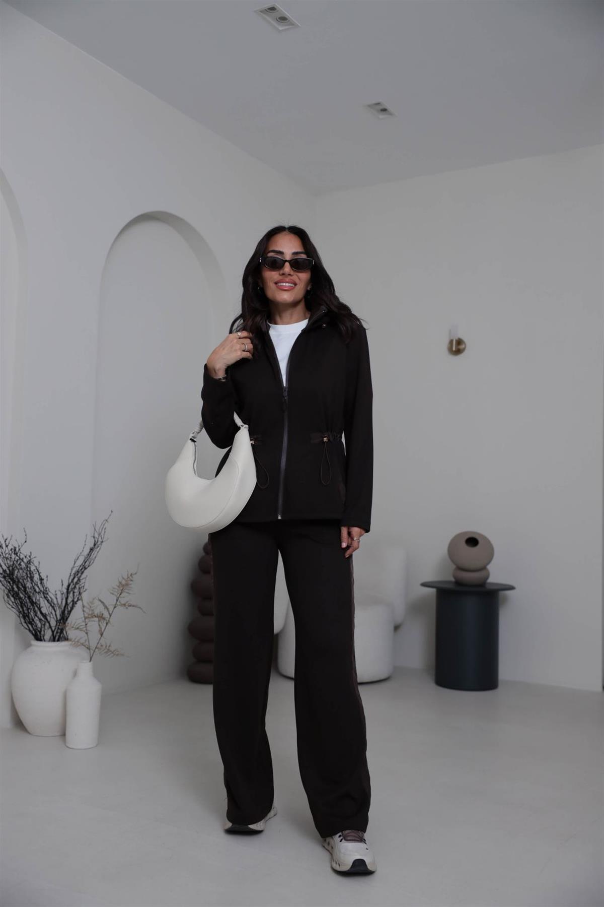 6933 Paraşüt Garnili Bel Lastikli Modal Takım KAHVE