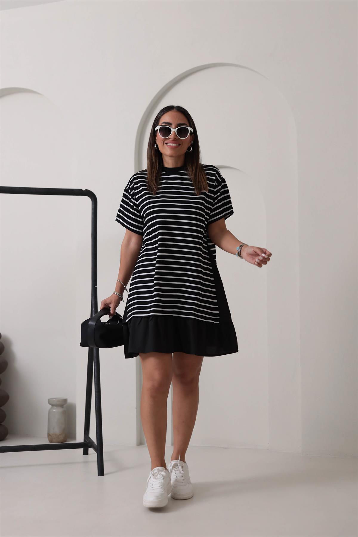 6476 Çizgili Altı Fırfırlı Elbise SİYAH