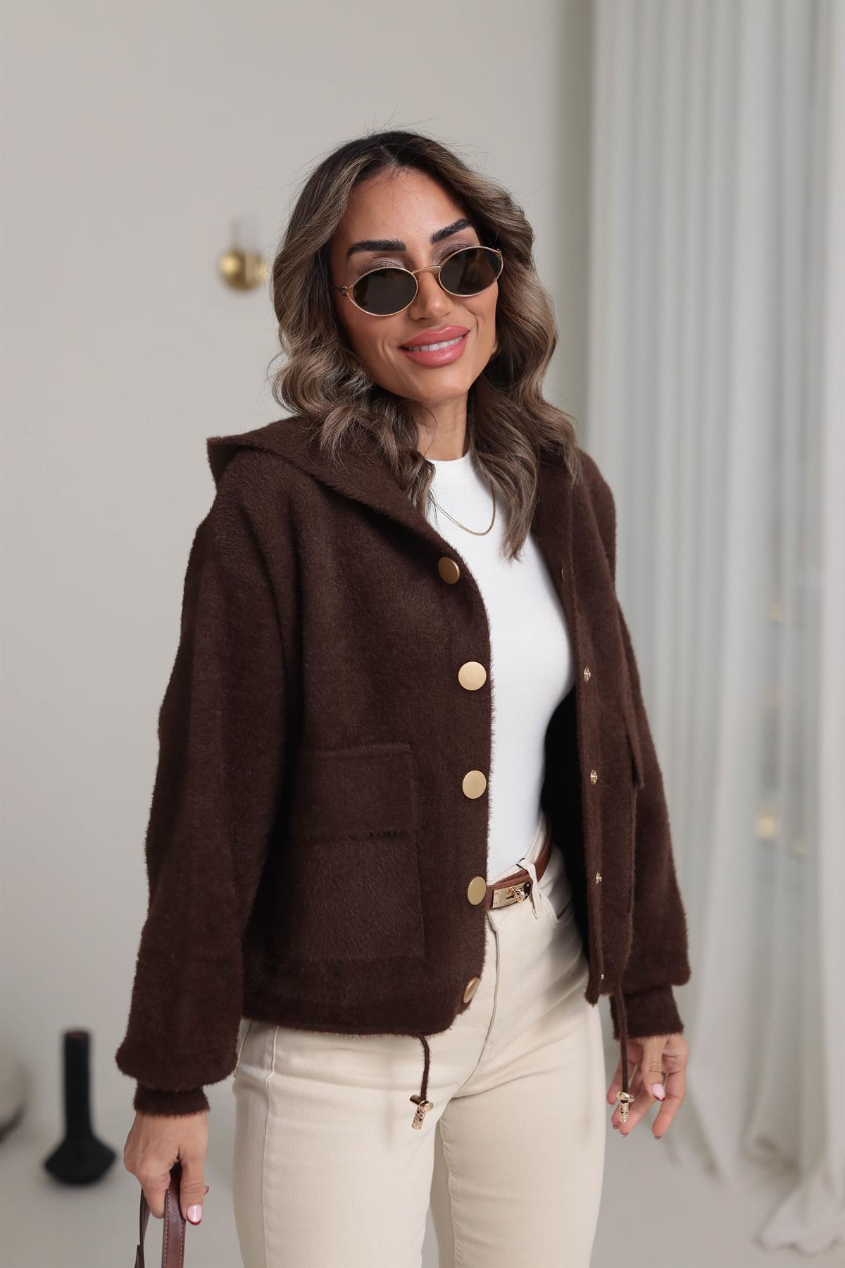 4944 Angora Kapşonlu Gold Düğmeli Hırka ACI KAHVE