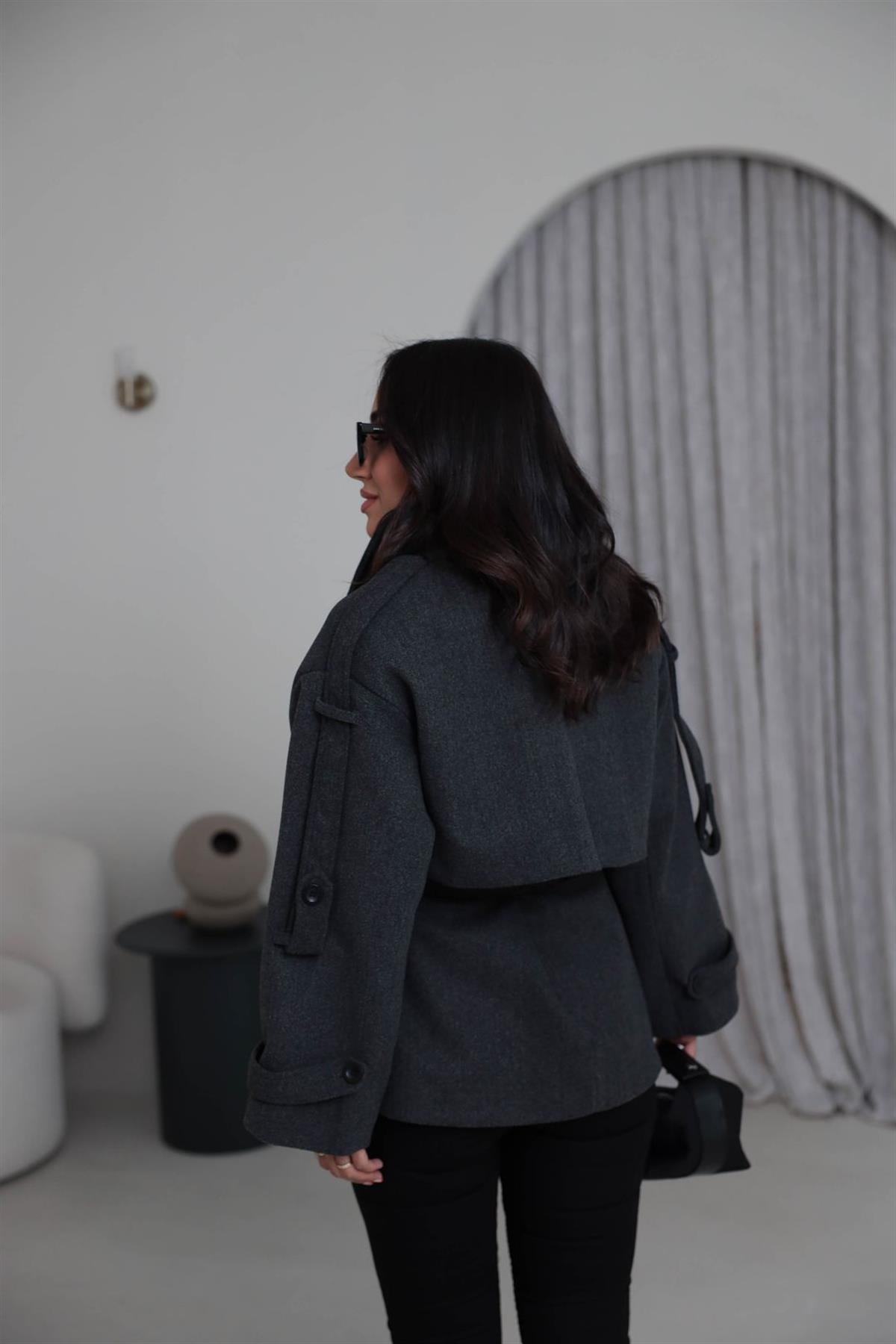 9669 Kuşaklı Oversize Premium Kaşe Ceket FÜME