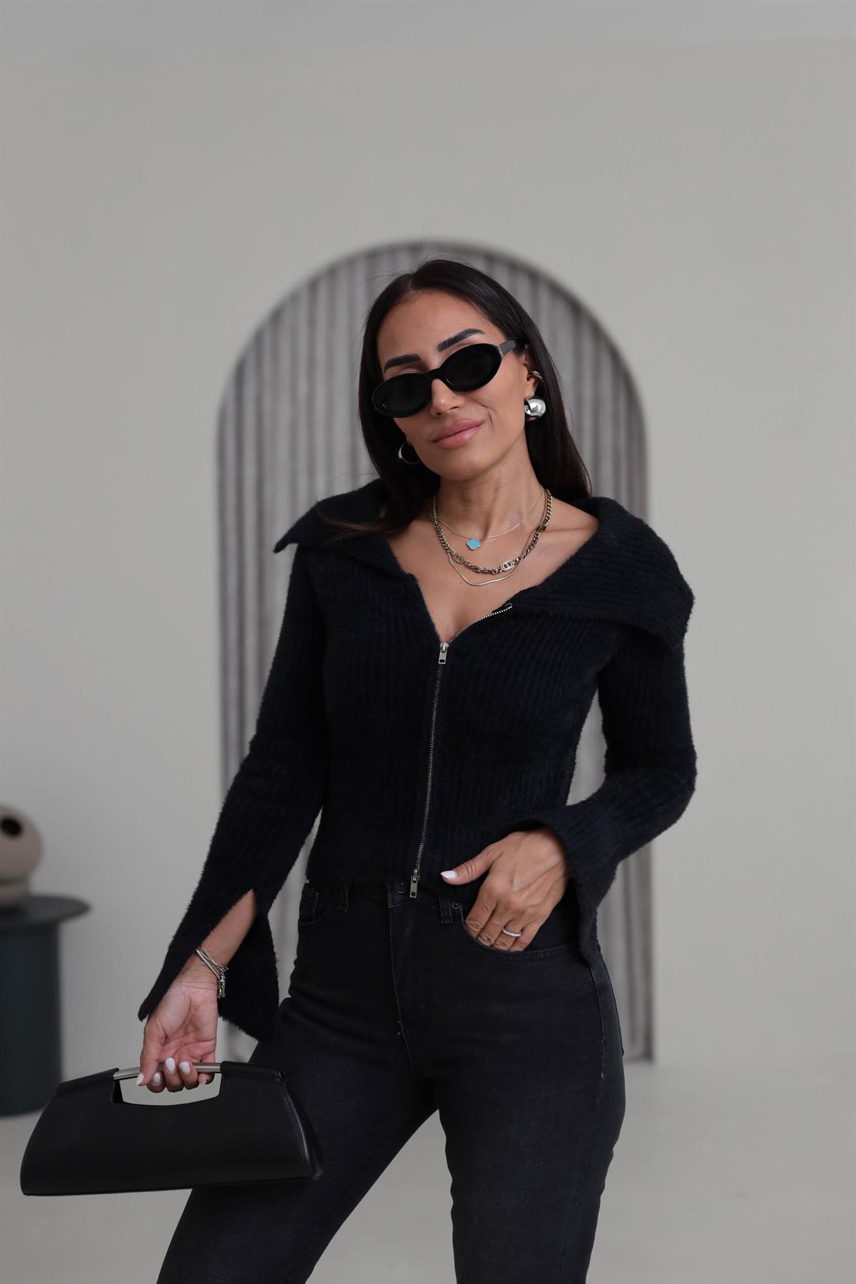 4952 Çift Fermuarlı Kol Yırtmaçlı Triko Hırka Bluz SİYAH