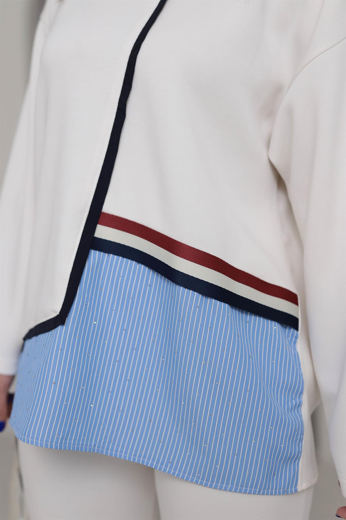 5979 Gömlek Mixli Şeritli Modal Sweatshirt EKRU