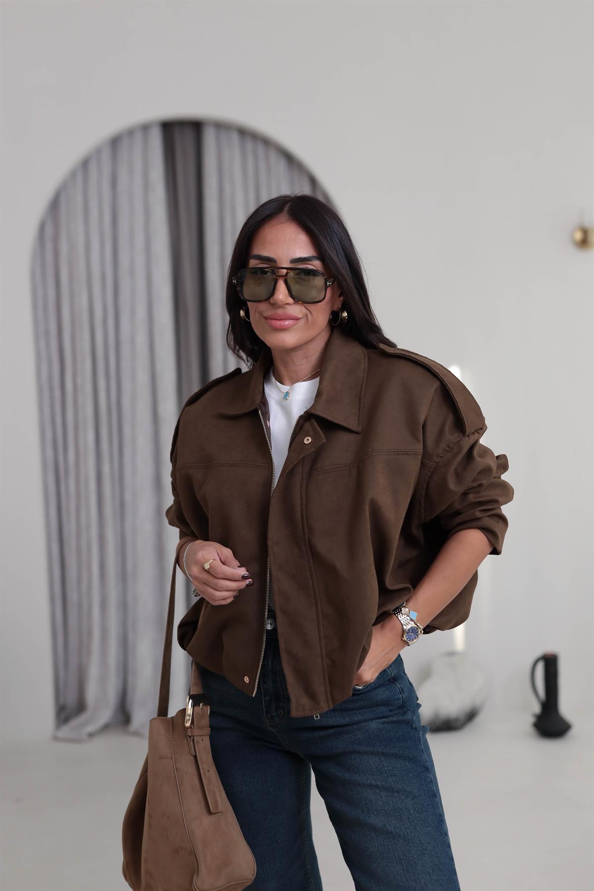 0493 Gömlek Yaka Apoletli Süet Bomber KAHVE