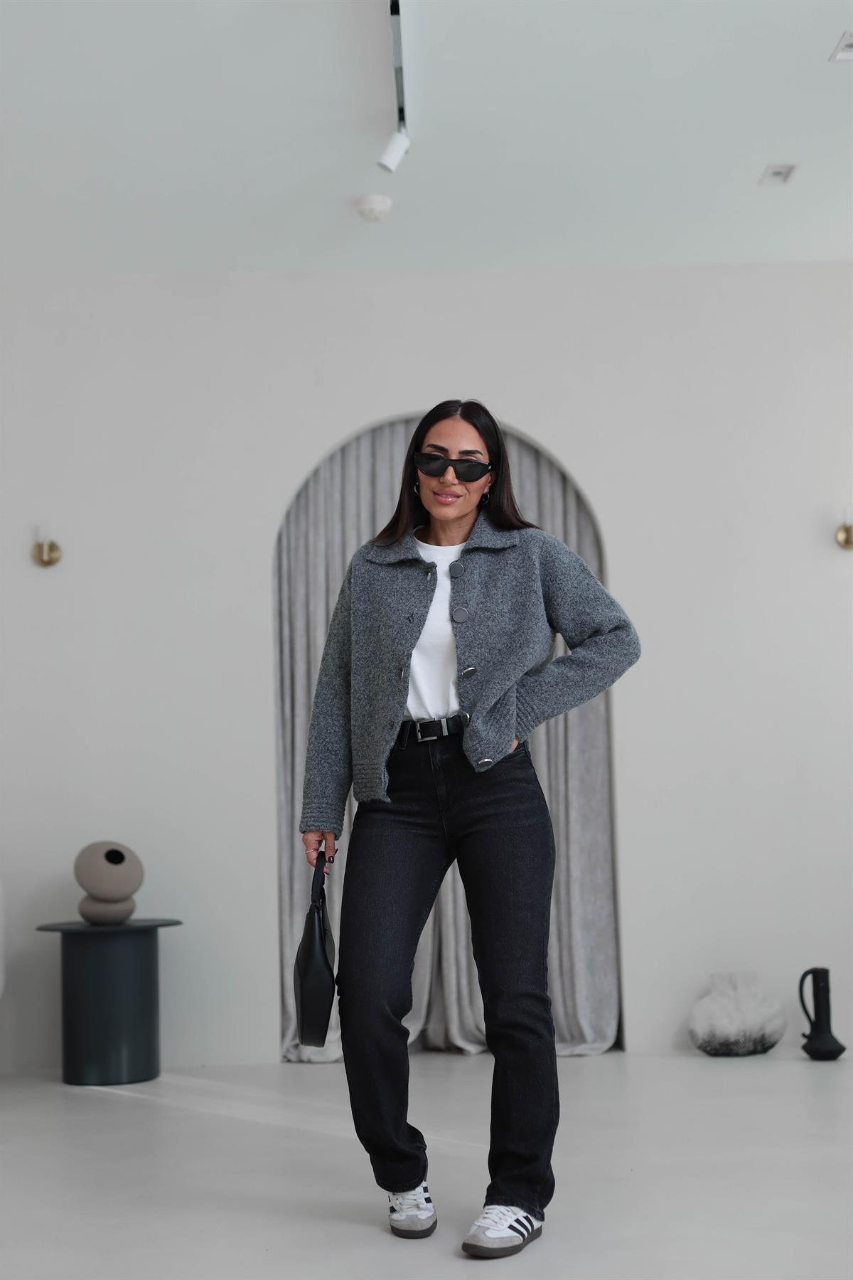 5086 Büyük Düğmeli Polo Yaka Hırka Ceket ANTRASİT