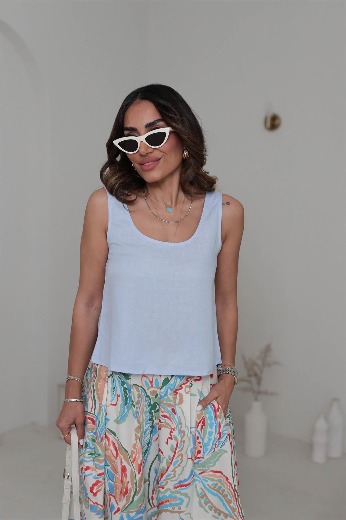 7328 Kalın Askılı Dökümlü Keten Atlet BEBE MAVİ