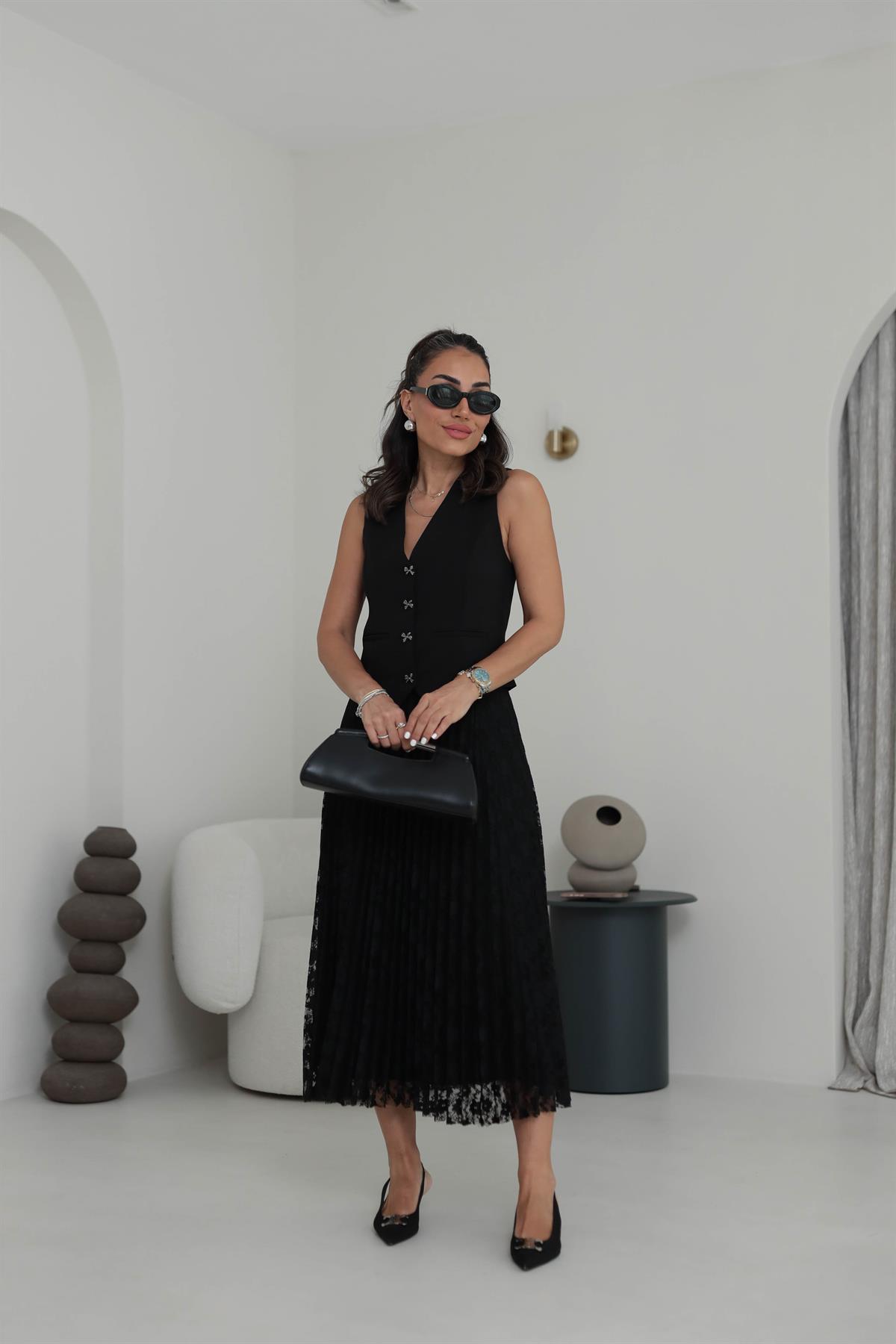 7206 Dantelli Pliseli Etek SİYAH