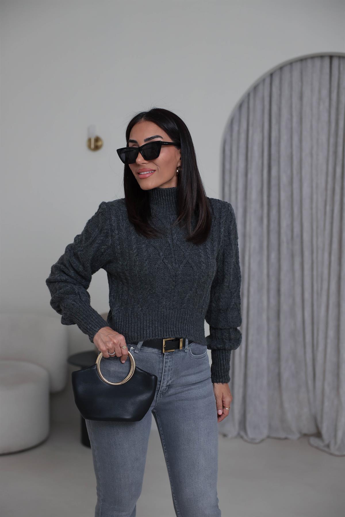 2549 Balıkçı Yaka Örgü Desen Kazak ANTRASİT