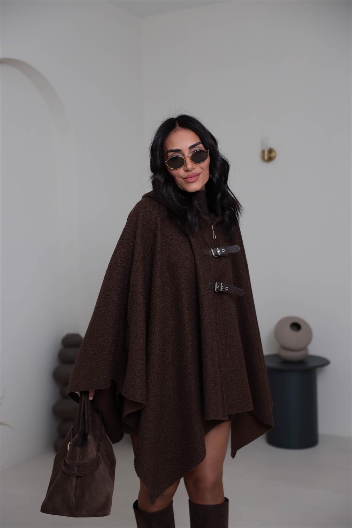 9175 Kemer Detay Kapşonlu Buklet Panço KAHVE