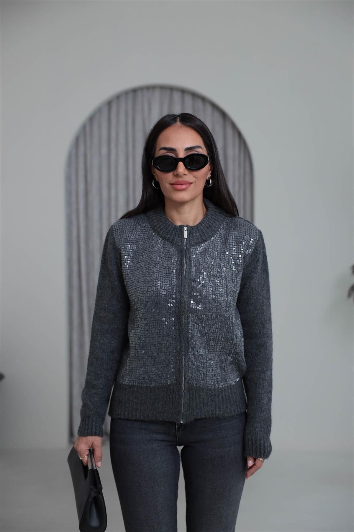 2570 Önü Pul İşlemeli Fermuarlı Hırka ANTRASİT