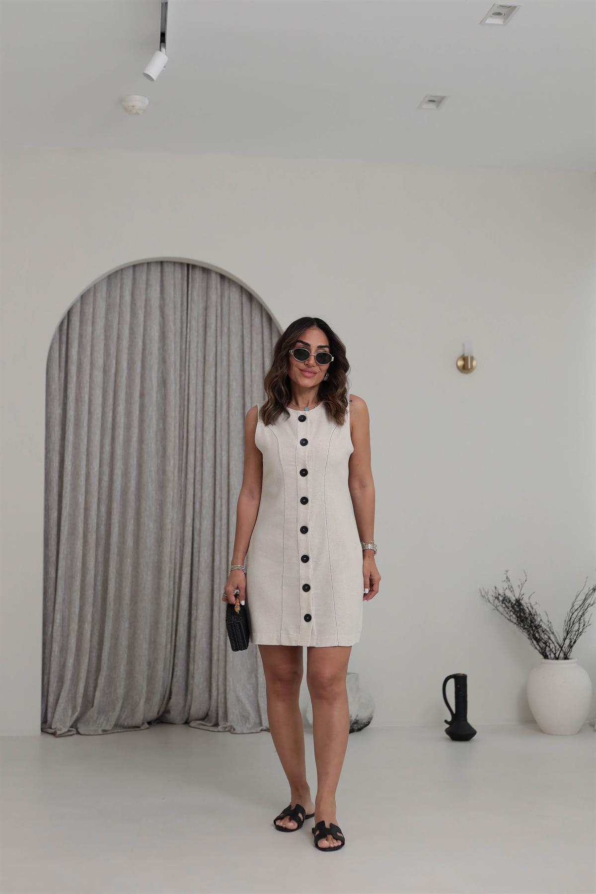 6452 Keten Düğmeli Elbise NATURAL