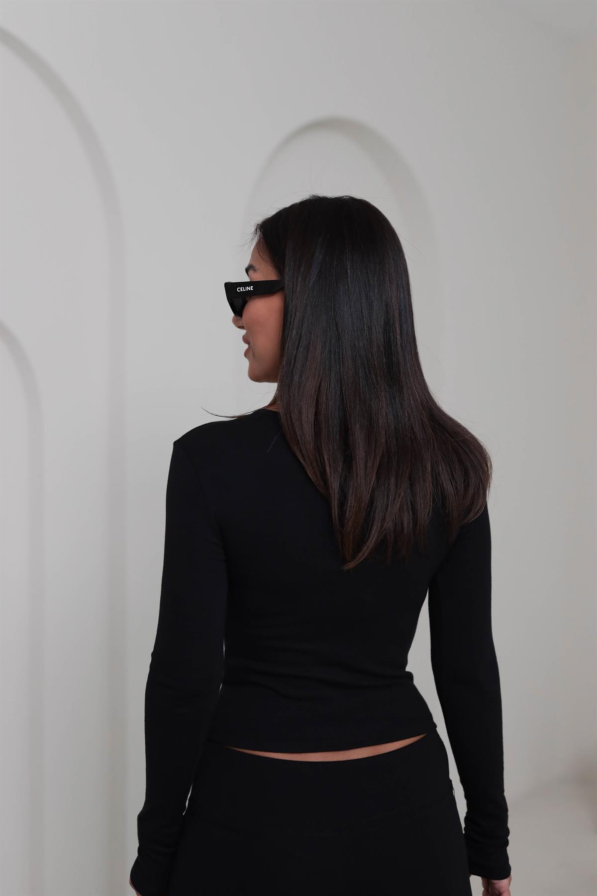 1442 Uzun Kollu Çıtçıt Düğmeli Bluz SİYAH