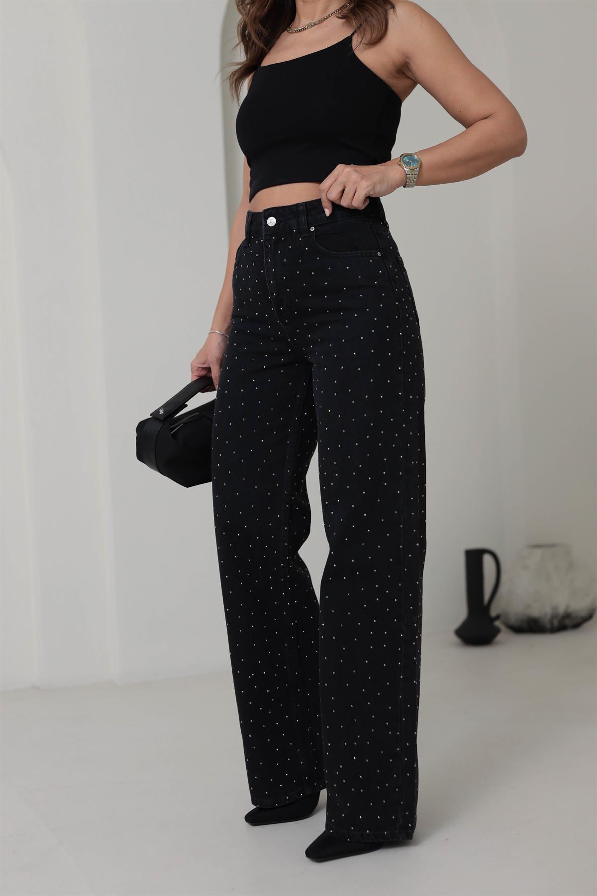 T1071 Yüksek Bel Taşlı Palazzo Jean FÜME