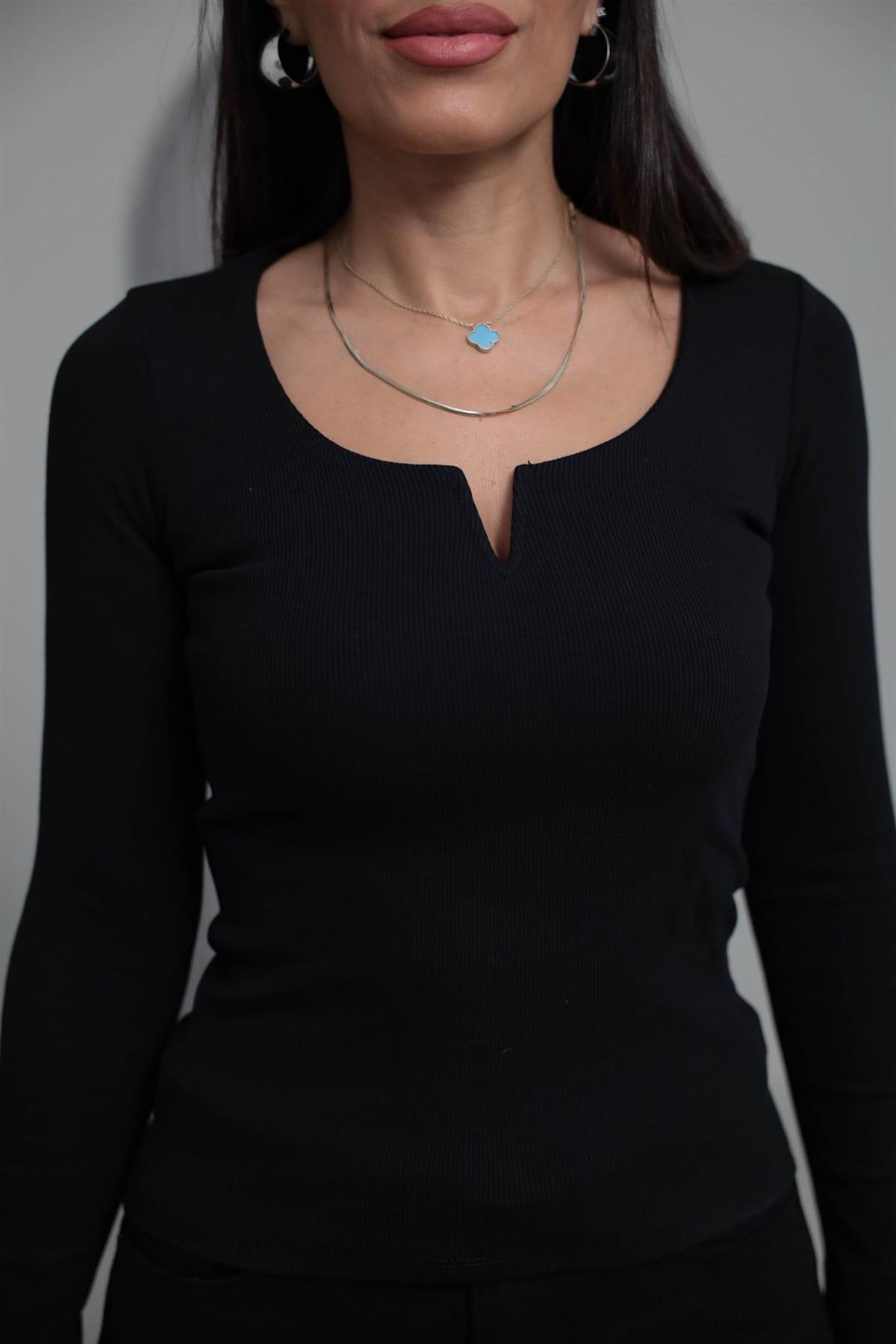 2260K Damla Yaka Pamuklu Bluz SİYAH