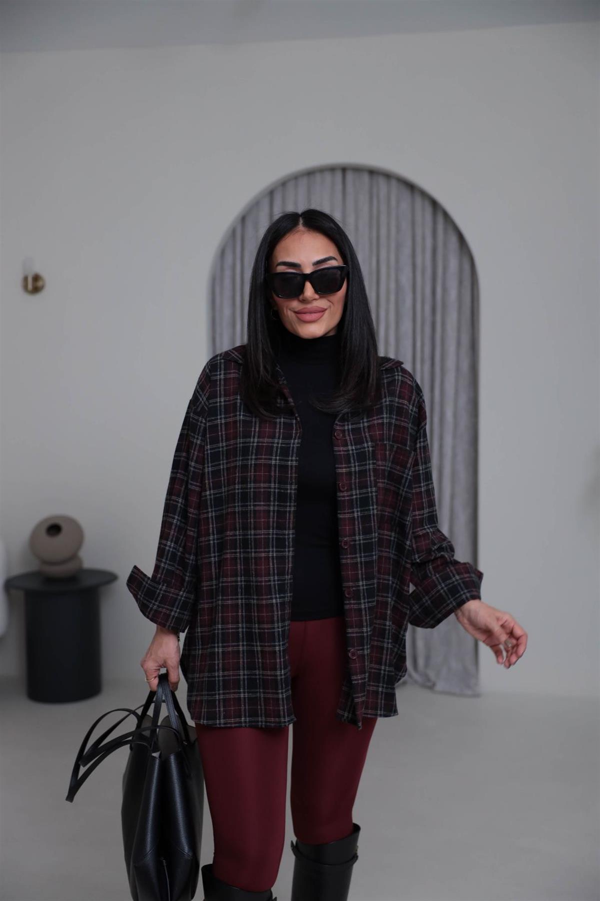 513 Ekose Desen Yünlü Rahat Gömlek BORDO