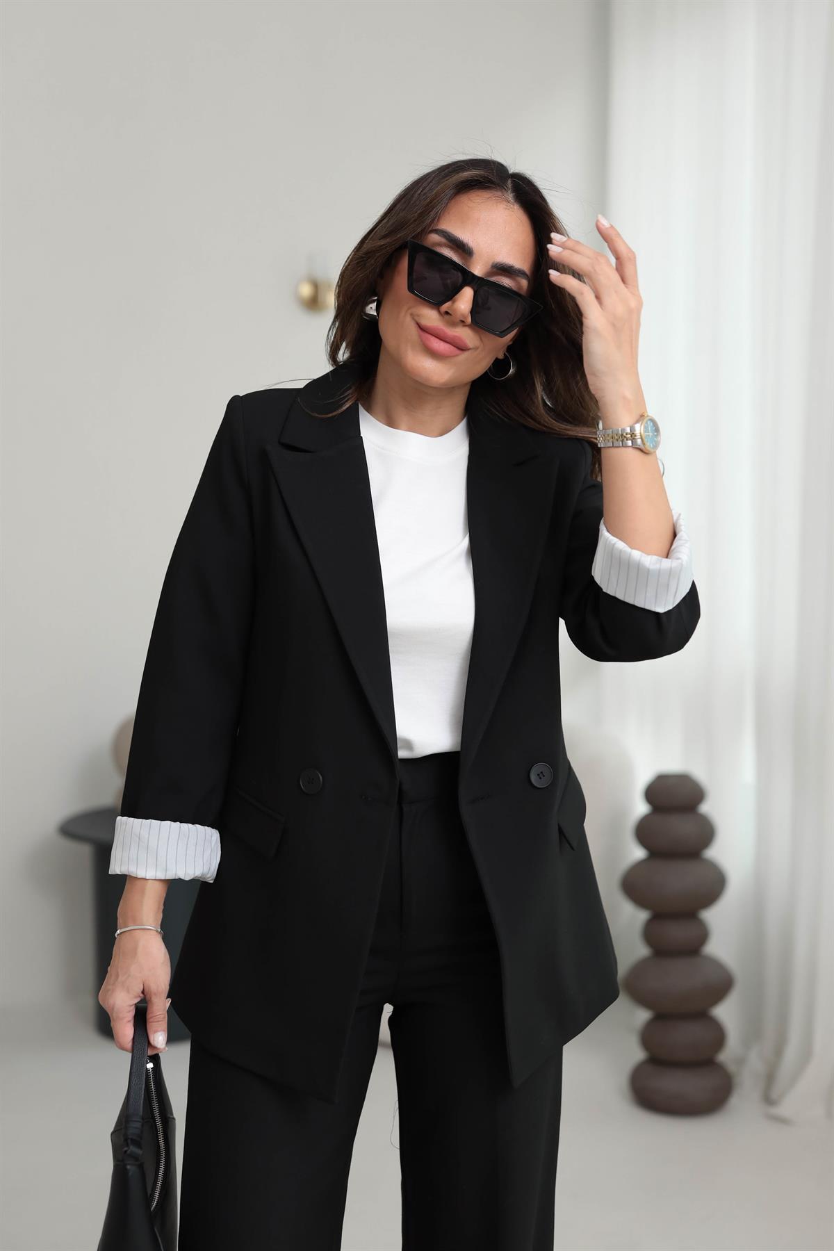 8644 Kol Katlamalı Çizgili Astarlı Premium Blazer Ceket SİYAH